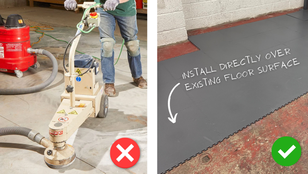 A comparison showing the preparation for industrial floor paint vs the ease of Ecotile