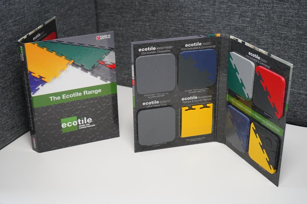 Ecotile-Produktmustermappen für den Einsatz an Verkaufstheken und bei Verkaufspräsentationen