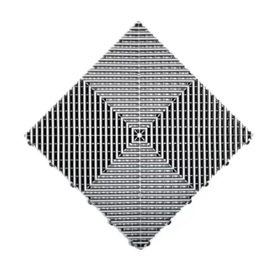 A Swisstrax Ribtrax Pro vented garage floor tile in pearl silver