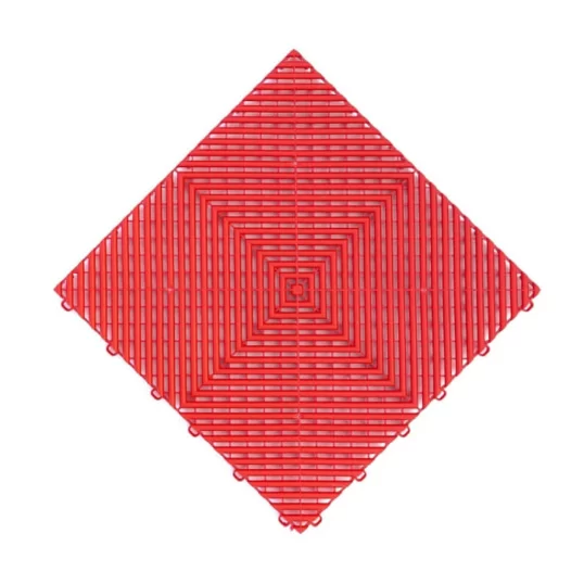 A Swisstrax Ribtrax Pro vented garage floor tile in Racing Red