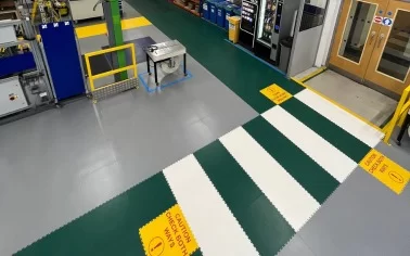 Animal Feed production area, marked out with ecotile interlocking floor tiles to provide a safe pedestrian walkway