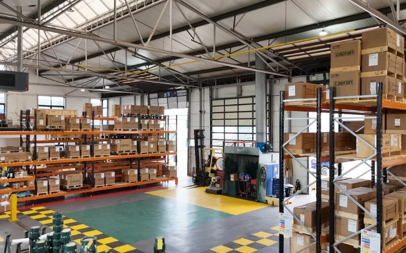 Caprari Pumps UK warehouse with newly installed Bradfield Storage Handling racking on Ecotile interlocking floor tiles